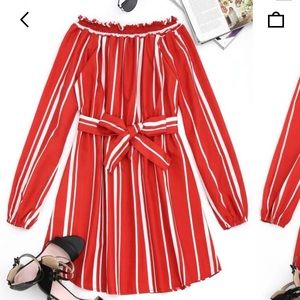 Belted striped off the shoulder minidress